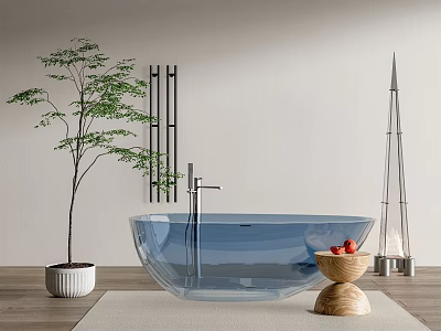 Transparent Blue Bathtub with Greenery Wooden Stool Strawberries Decorative Lamp on Light-Colored Wall Wooden Floor 3d model