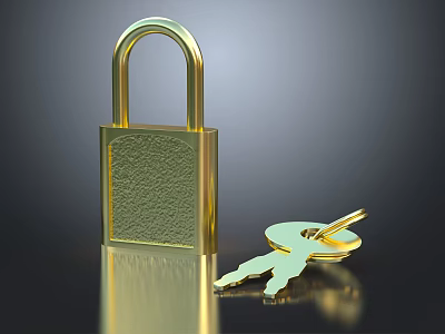 Shiny Golden Padlock With Keys And Reflection On Dark Background 3d model