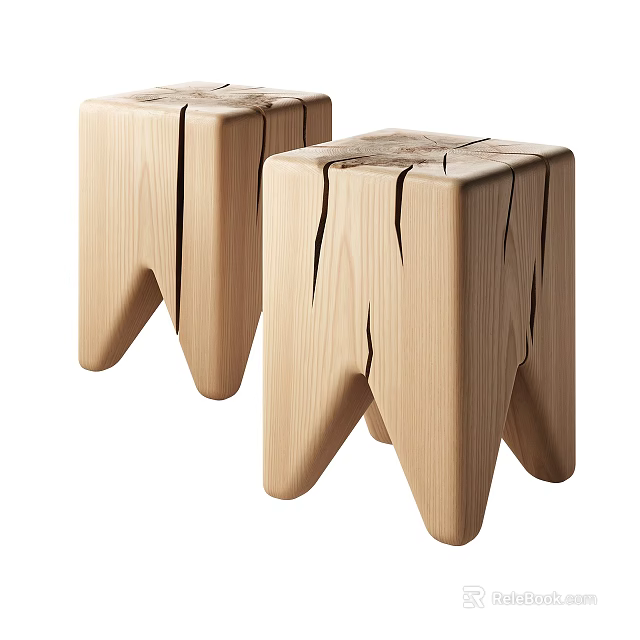 Rustic Wooden Stools With Natural Cracks Split Legs And Square Design 3d model 