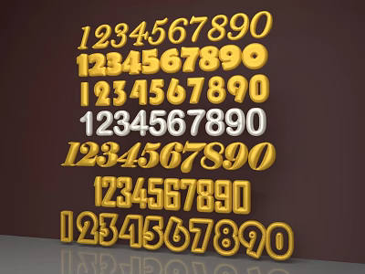 Gold 3D Numbers 1234567890 Display Multiple Arrangements On Dark Background 3d model