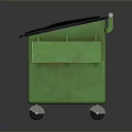 Green Trash Bin With Black Sloped Lid And Yellow Warning Label