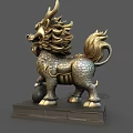 Ornate Golden Qilin Sculpture Carving With Decorative Ball And Base