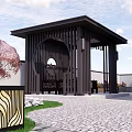 Chinese Style Pavilion With Lattice And Circular Decoration Two People Sitting Among Colorful Flowers
