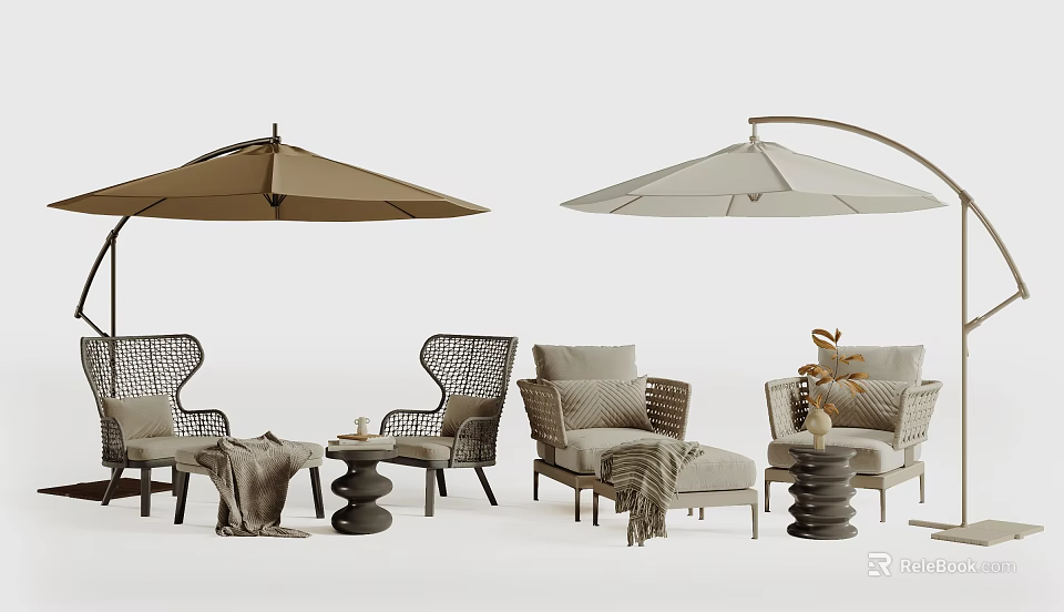 Outdoor Sofa Set With Wicker Chairs Umbrella Side Tables Cushions And Throws 3d model
