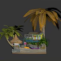 Wooden House by the Water with Palm Trees and Small Boat on Sand Beach
