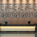 Elegant Front Desk Backdrop Wall With Intricate Geometric Patterns And Illuminated Reception Counter 3d model