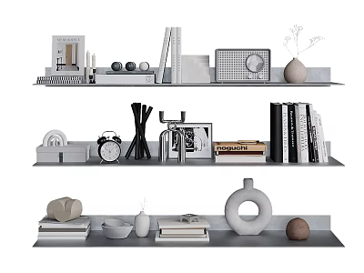 Modern Bookshelf Display With Books Magazines Decorative Clock Sculpture And Vase 3d model