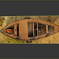 Old Weathered Wooden Boat Displayed On Mossy Earthy Platform With Dark Background