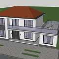 Modern Two story Detached Villa With White Exterior Black Roof Red Car And Green Lawn