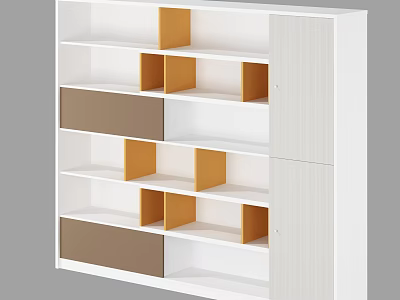 Modern Bookcase Design With White Frame Open Shelves Wooden Compartments And Closed Cabinets 3d model