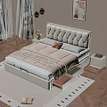Modern Bedroom Interior With Tufted Headboard Underbed Drawers Nightstand And Wall Art