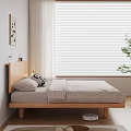Double Bed with Wooden Frame Bedside Table Lamp Wall Art White Blinds and Green Plant