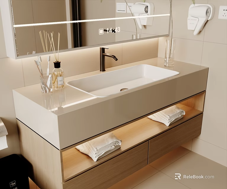 Modern Bathroom Vanity With Sleek White Countertop Under Mount Basin LED Mirror And Storage Drawers 3d model 