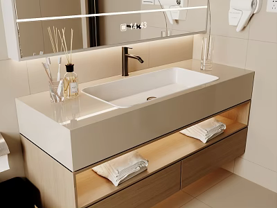 Modern Bathroom Vanity With Sleek White Countertop Under Mount Basin LED Mirror And Storage Drawers 3d model
