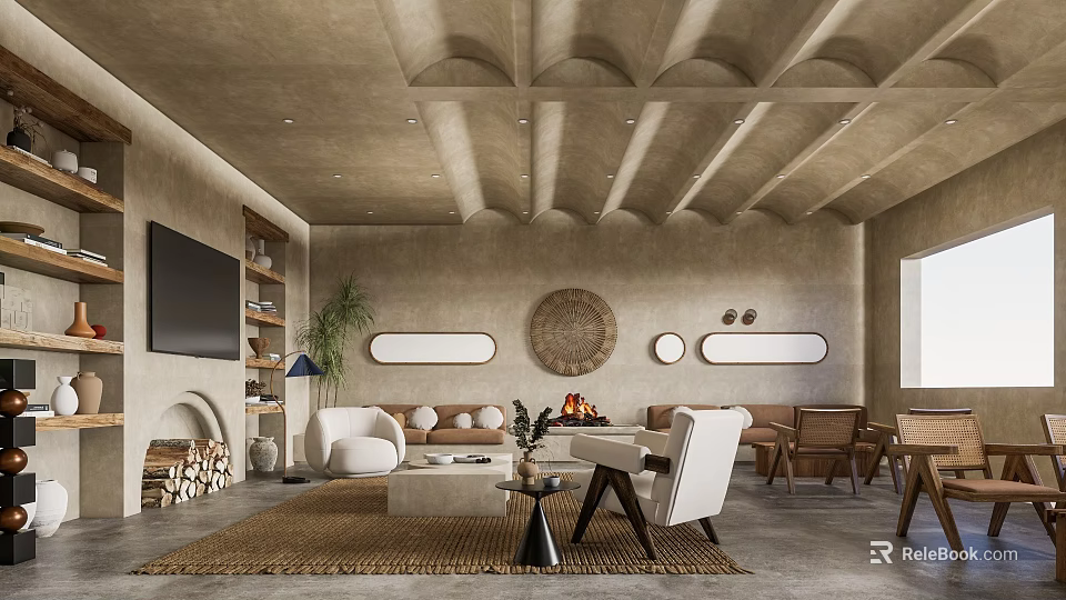 Earth Toned Living Room With Arched Ceiling Circular Decor Sofa And Woven Rug 3d model 