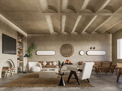Earth Toned Living Room With Arched Ceiling Circular Decor Sofa And Woven Rug 3d model