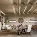 Earth Toned Living Room With Arched Ceiling Circular Decor Sofa And Woven Rug