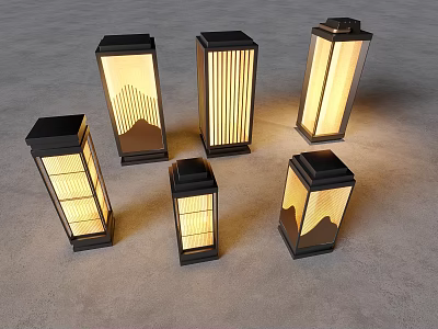 Various Modern Outdoor Lights With Black Frames And Patterned Illuminated Interiors 3d model