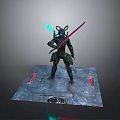 Cyber Warrior In Armored Suit With Glowing Dual Swords On Metallic Platform
