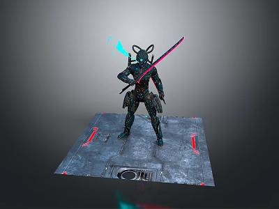 Cyber Warrior In Armored Suit With Glowing Dual Swords On Metallic Platform 3d model