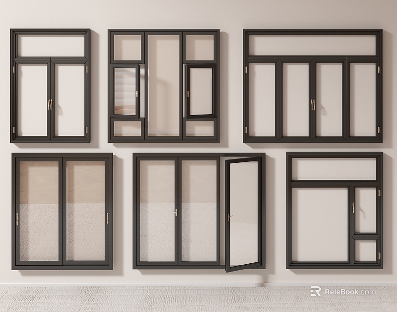 Modern Floor to Ceiling Windows with Black Frames and Various Design Styles 3d model 