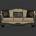 Beige Three Seater Sofa With Dark Wooden Frame And Patterned Striped Cushions