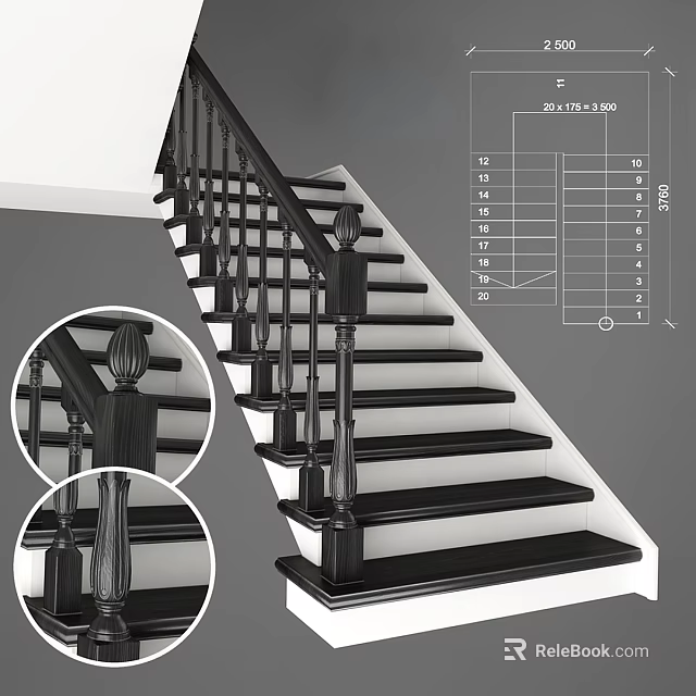 Spiral Staircase Design With Black Treads White Risers Railings And Specifications 3d model 