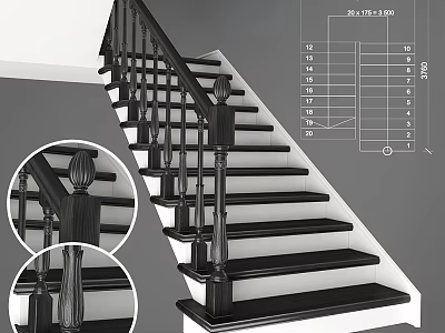 Spiral Staircase Design With Black Treads White Risers Railings And Specifications 3d model