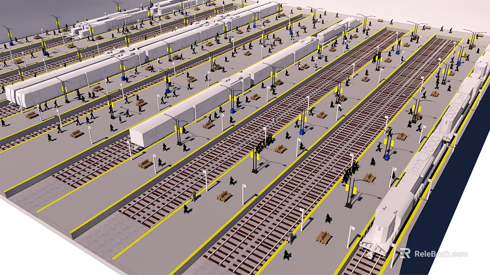 Road Facilities Featuring Multiple Tracks Platforms Pedestrian Walkways And Streetlights 3d model