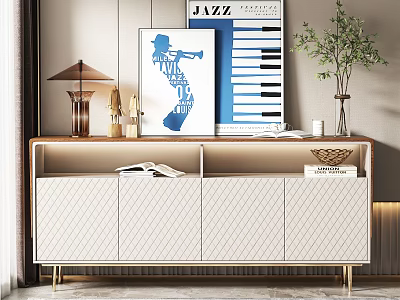 Elegant Console Table With Gold Legs Geometric Doors Lamp Plants Books And Decor 3d model