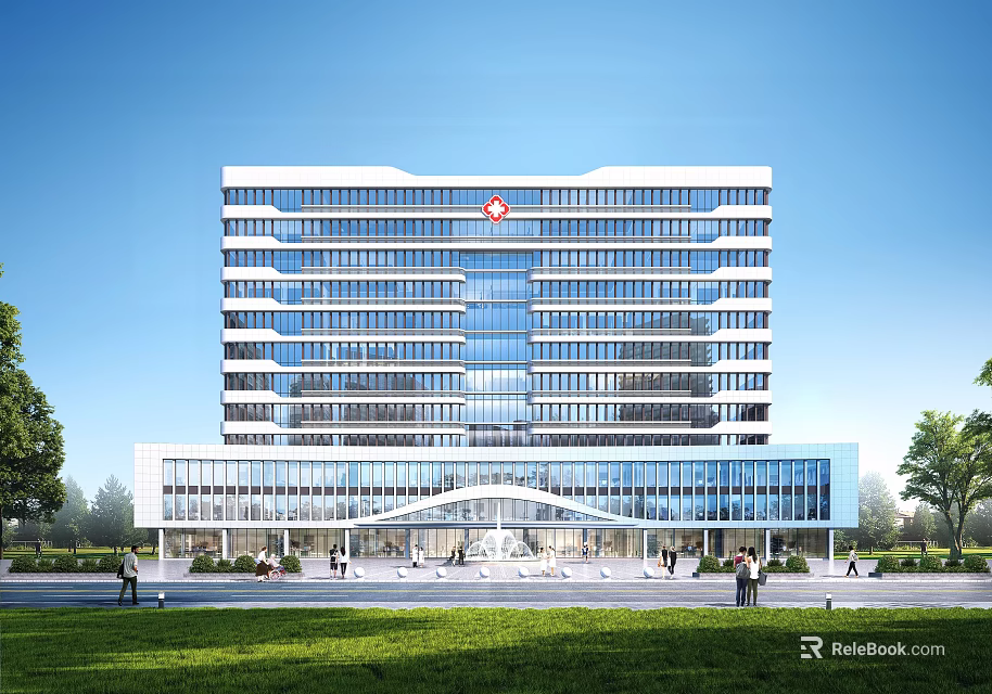 Modern High Rise Hospital Building Glass Facade Front Entrance Lawn Trees Red Cross Logo 3d model 