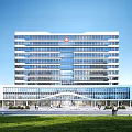 Modern High Rise Hospital Building Glass Facade Front Entrance Lawn Trees Red Cross Logo