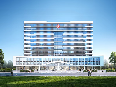 Modern High Rise Hospital Building Glass Facade Front Entrance Lawn Trees Red Cross Logo 3d model