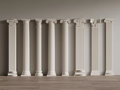 White Roman Columns With Different Architectural Styles Arranged In A Row 3d model