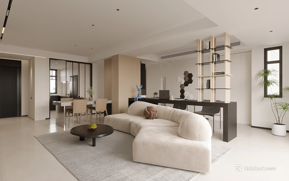 Modern Living Dining Room Interior With Beige Sofa Coffee Table And Dining Chairs 3d model