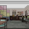 Cozy Café Interior With Wooden Tables Green Chairs Decorative Paintings And Warm Lighting