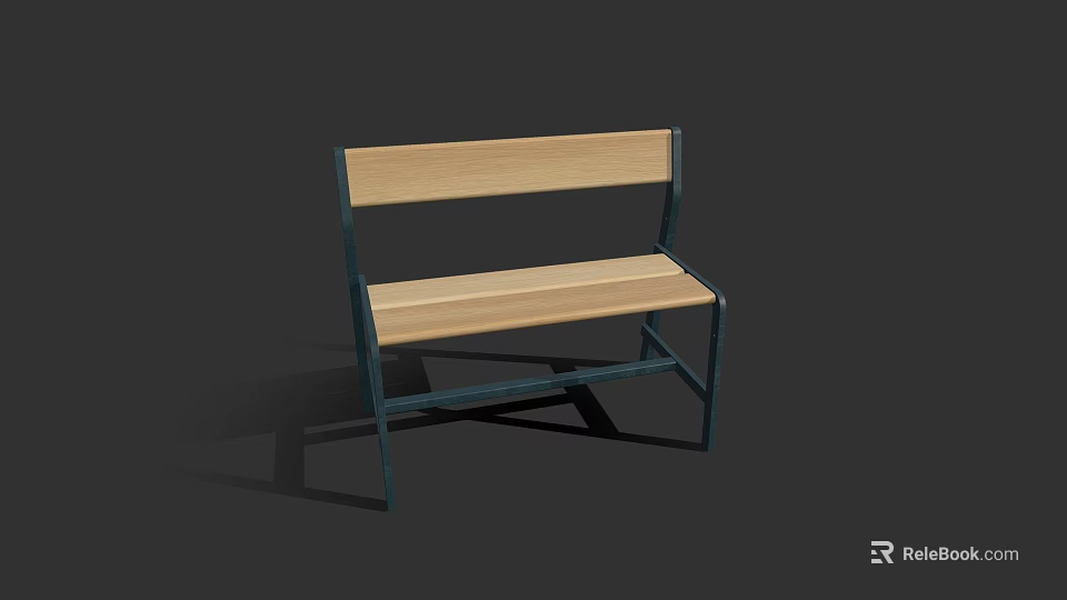 Simple Design Public Bench With Wooden Seat And Metal Frame 3d model 