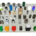 Public Facilities Featuring Different Colored Trash Bins In Various Styles 3d model