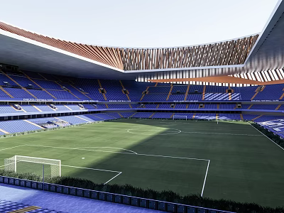 Modern Football Stadium With Green Pitch Blue Stands And Unique Roof Design 3d model