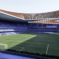 Modern Football Stadium With Green Pitch Blue Stands And Unique Roof Design
