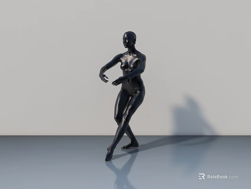 Black Human Figure Sculpture In Dancing Pose With Smooth Surface And White Background Reflection 3d model