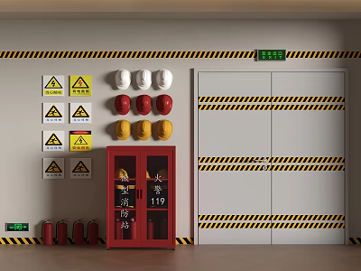 Fire Equipment With Red Cabinet Extinguishers Warning Signs Safety Helmets And Safety Doors 3d model