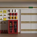 Fire Equipment With Red Cabinet Extinguishers Warning Signs Safety Helmets And Safety Doors