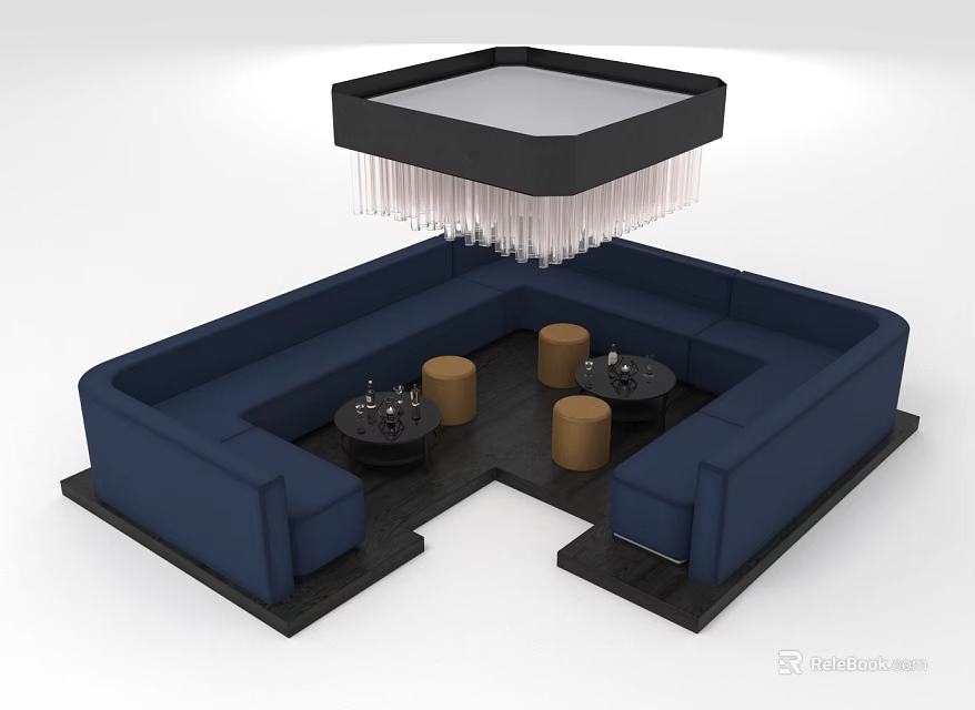Sofa Style Navy Blue Public Chairs With U Shaped Layout Small Round Tables Stools And Fringed Light 3d model 
