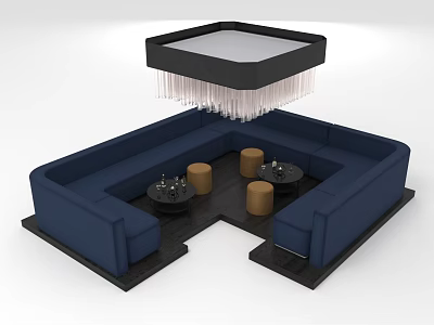 Sofa Style Navy Blue Public Chairs With U Shaped Layout Small Round Tables Stools And Fringed Light 3d model