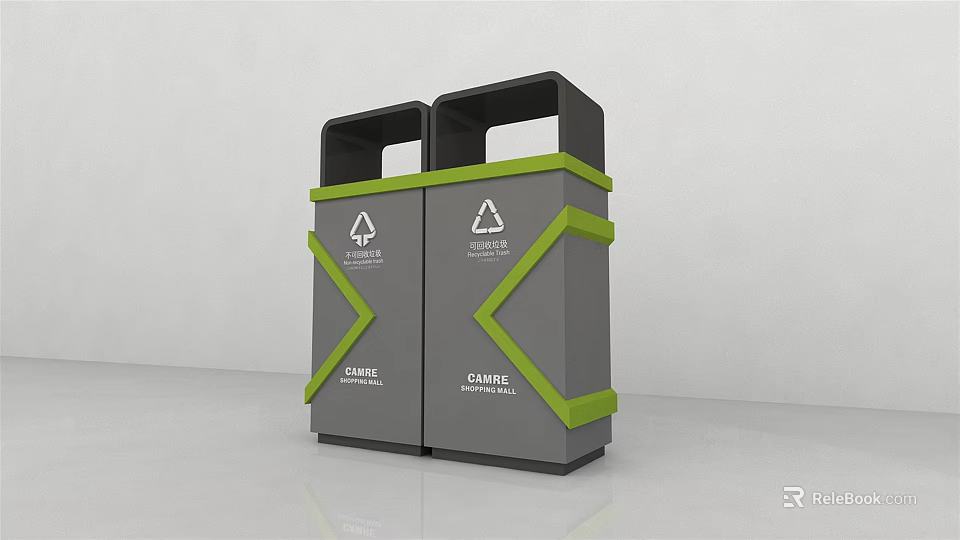 Public Recycling Bins With Grey Body Green Stripes And Recycling Symbols 3d model 