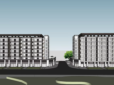 Modern Multistory Residential Buildings Exterior View With Symmetrical Design Central Road And Tree 3d model