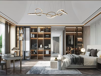 Modern Bedroom Interior Design With Comfortable Bed Wooden Wardrobe Bookshelf And Pendant Lights 3d model