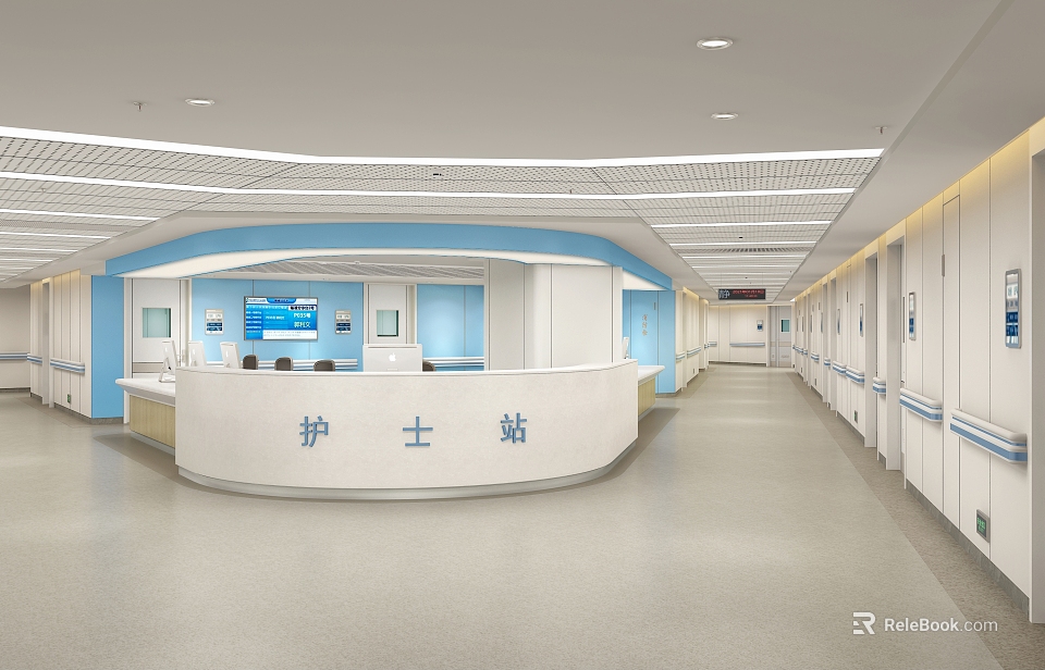 Modern Hospital Nurse Station Interior With Blue White Reception Desk And Spacious Corridor 3d model 