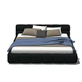 Modern Black Frame Double Bed With White Mattress Grey And Brown Pillows Blue Blanket